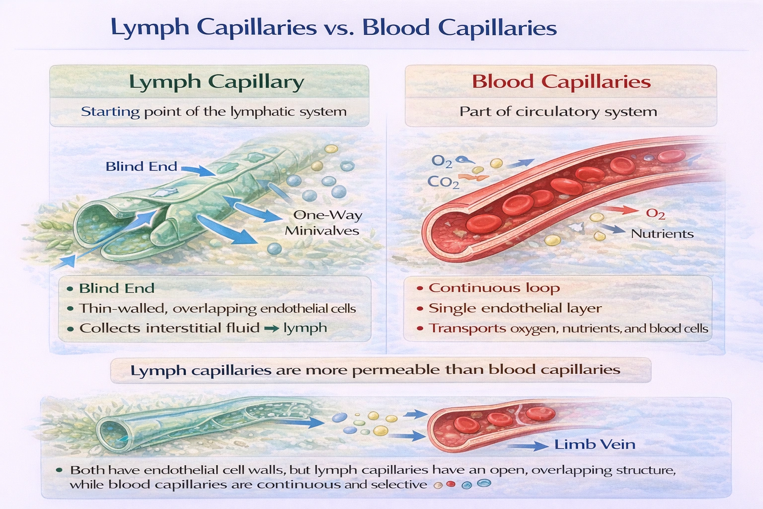 Lymph capillaries differ from blood capillaries in that they